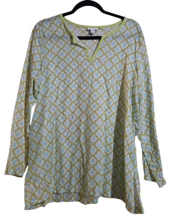 J. Jill Tops - J. Jill Green and Light Blue Printed Long-Sleeve Blouse